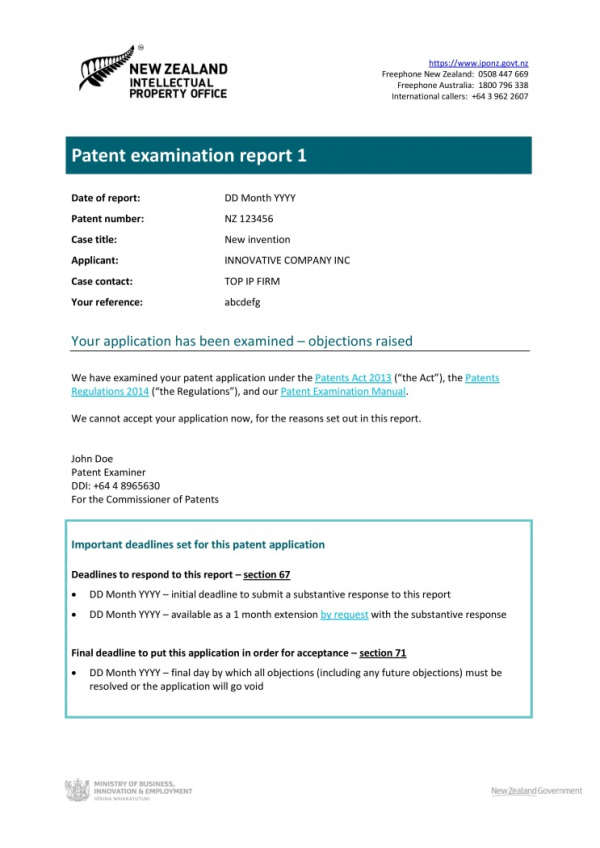 Example of Patent examination report