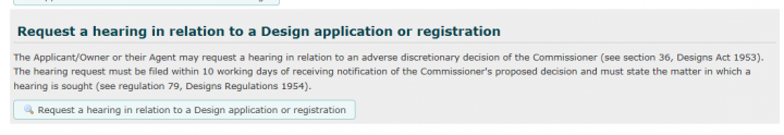 Request a hearing in relation to a Design application or registration