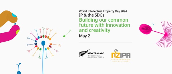 Event banner. Includes title of event, the IPONZ and NZIPA logos, and World IP Day illustrations showing fingers holding a seed and seeds leaving a dandelion flower, evoking thoughts of hope for the future