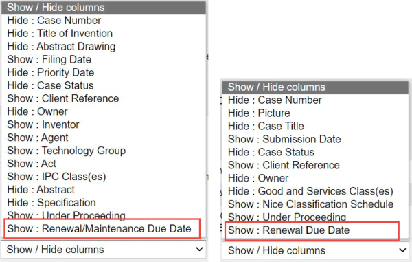 Examples of new search options for patents (left) and trade marks (right)