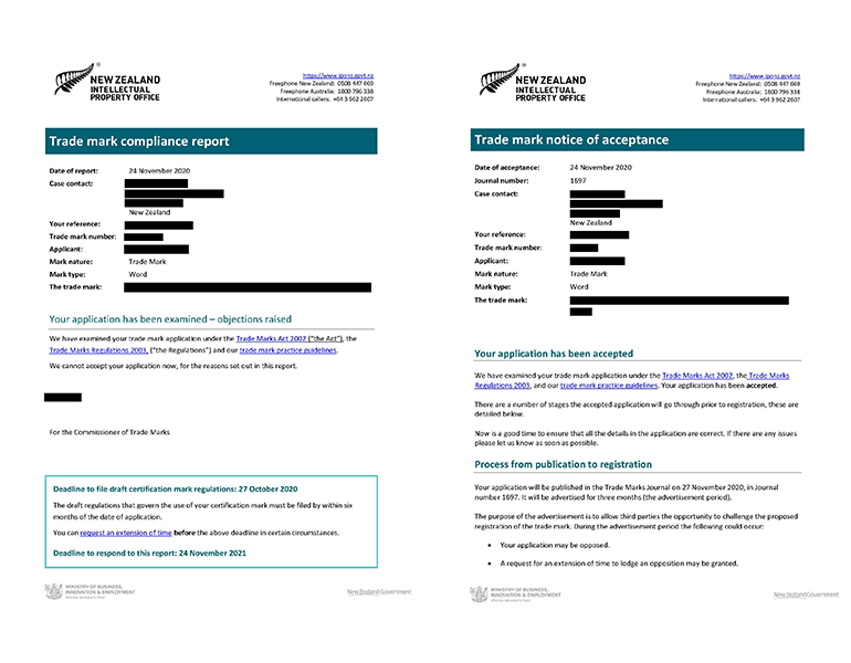 Sample trade mark compliance report and notice of acceptance letters