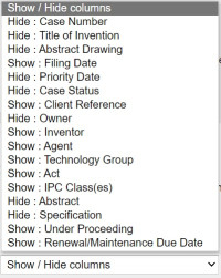 Options to show or hide columns in patent search results.