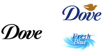 3 examples of combined marks. First example shows stylised logo featuring the word “Dove”, second example shows the stylised dove above alongside the stylised word “Dove”, third example shows the stylised words “Fresh Blue” on a blue background with a swirl motif.