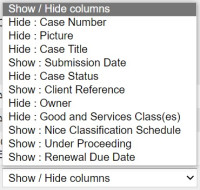 Options to show or hide columns in trade mark search results.
