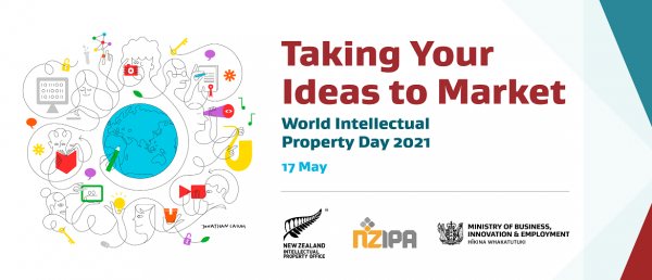 Event banner. Includes title of event, World IP Day illustration showing a globe surrounded by people creating in various ways, and IPONZ, NZIPA, and MBIE logos. 